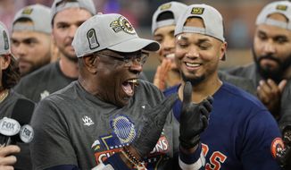 Houston Astros manager Dusty Baker Jr., and the Houston Astros celebrate their 4-1 World Series win against the Philadelphia Phillies in Game 6 on Saturday, Nov. 5, 2022, in Houston. (AP Photo/David J. Phillip) **FILE**