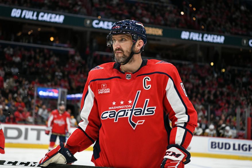 Washington Capitals left wing Alex Ovechkin (8) during a break in the action during the 3rd period in a game against the Pittsburgh Penguins at Capital One Arena in Washington D.C., November 9, 2022. (Photo by Billy Sabatini)