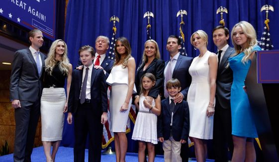 In this June 16, 2015 file photo, Donald Trump, fourth left, poses with his family after his announcement that he will run for president of the United States, in the lobby of Trump Tower, New York,  Tuesday, June 16, 2015. (AP Photo/Richard Drew, File)