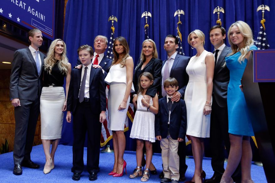 In this June 16, 2015 file photo, Donald Trump, fourth left, poses with his family after his announcement that he will run for president of the United States, in the lobby of Trump Tower, New York, Tuesday, June 16, 2015. (AP Photo/Richard Drew, File)