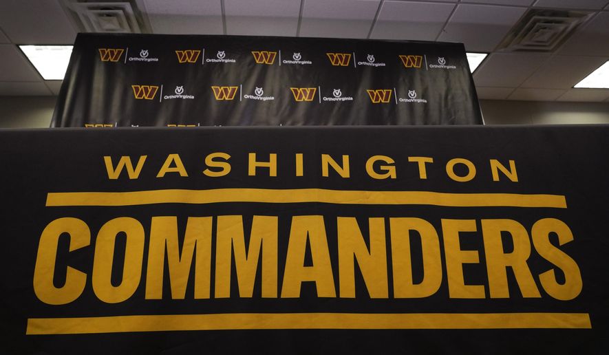 The Washington Commanders football team&#x27;s name and logo is seen at the NFL football team&#x27;s facility in Ashburn, Va., Thursday, Nov. 10, 2022. (AP Photo/Manuel Balce Ceneta) **FILE**