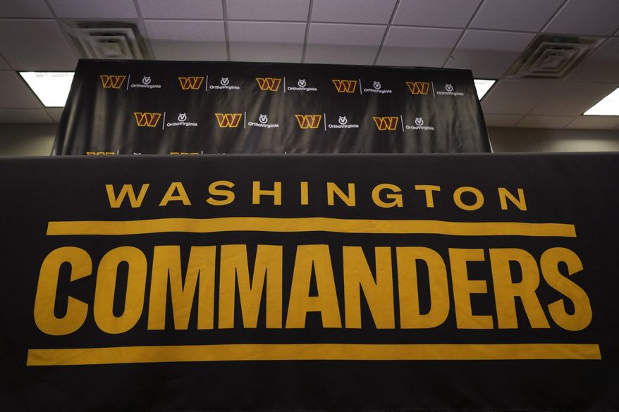 The Washington Commanders football team&#x27;s name and logo is seen at the NFL football team&#x27;s facility in Ashburn, Va., Thursday, Nov. 10, 2022. (AP Photo/Manuel Balce Ceneta) **FILE**