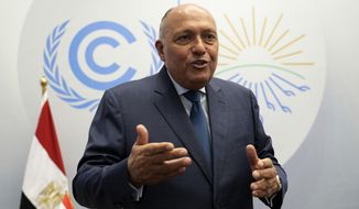 Sameh Shoukry, Egypt foreign minister and COP27 president, speaks during an interview with The Associated Press at the COP27 U.N. Climate Summit, Thursday, Nov. 10, 2022, in Sharm el-Sheikh, Egypt. (AP Photo/Peter Dejong)