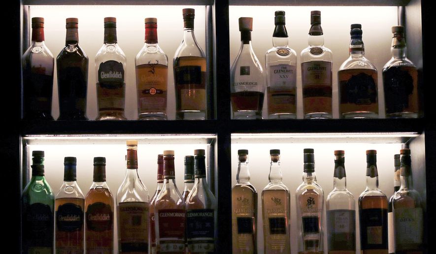 FILE - A vast array of single malt scotch bottles are displayed at Wink & Nod, basement-dwelling, speakeasy-like bar, in Boston, on Dec. 10, 2019. (AP Photo/Charles Krupa, File)