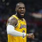Los Angeles Lakers forward LeBron James complains after receiving a charging foul during the second half of an NBA basketball game against the Los Angeles Clippers Wednesday, Nov. 9, 2022, in Los Angeles. (AP Photo/Mark J. Terrill) **FILE**