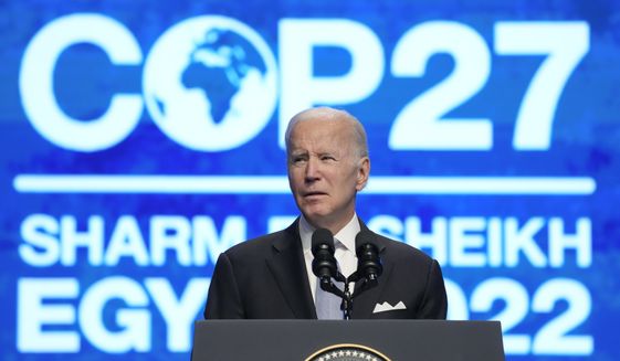 President Joe Biden speaks at the COP27 U.N. Climate Summit, Friday, Nov. 11, 2022, at Sharm el-Sheikh, Egypt. (AP Photo/Alex Brandon)