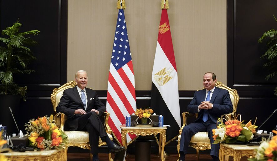 President Joe Biden speaks during a meeting with Egyptian President Abdel-Fattah el-Sissi, at the COP27 U.N. Climate Summit, Friday, Nov. 11, 2022, at Sharm el-Sheikh, Egypt. (AP Photo/Alex Brandon)