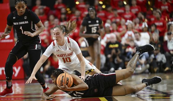 Maryland&#39;s Abby Meyers, top, and South Carolina&#39;s Kierra Fletcher vie for the ball during the first half of an NCAA college basketball game Friday, Nov. 11, 2022, in College Park, Md. (AP Photo/Gail Burton) **FILE**
