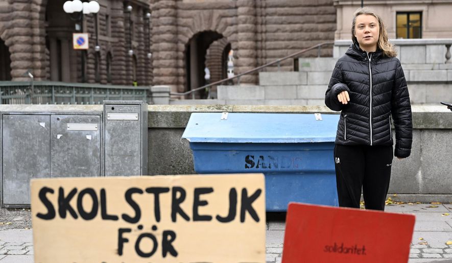 Climate activist Greta Thunberg attends the weekly Fridays for Future demonstration at the Mynttorget square next to the Swedish Parliament Riksdagen, in Stockholm, Sweden, Friday, Nov. 11, 2022. (Pontus Lundahl/TT News Agency via AP)