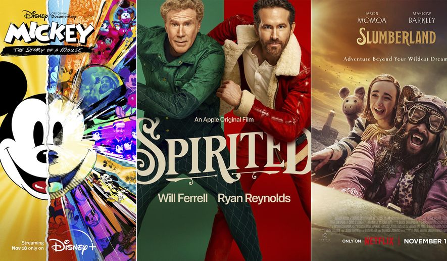 This combination of photos show promotional art for the documentary treatment “Mickey: The Story of a Mouse,” debuting Nov. 18, on Disney+, left, the holiday comedy “Spirited,” a riff on “A Christmas Carol” starring Will Ferrell and Ryan Reynolds, debuting Nov. 18, on Apple TV+., center, and the fantasy adventure film  “Slumberland,”  debuting Nov. 18 on Netflix. (Disney+/Apple TV+/Netflix via AP)