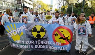 Protesters hold a banner reading &amp;quot;No to the Turkish invasion of Southern Kurdistan&amp;quot; during a demonstration against Turkey’s alleged use of chemical weapons in the Kurdish region, in Duesseldorf, Germany, Nov. 12. 2022. (Henning Kaiser/dpa via AP)