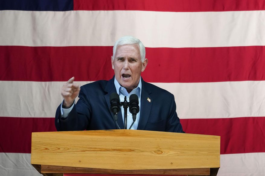 Former Vice President Mike Pence speaks on behalf of Georgia Gov. Brian Kemp during a rally, Monday, May 23, 2022, in Kennesaw, Ga.  (AP Photo/Brynn Anderson)