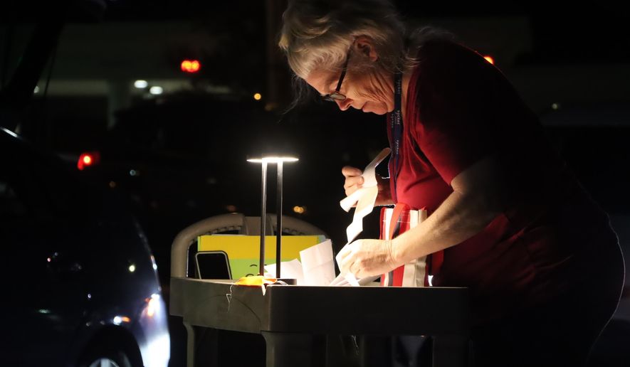 Wendi Wimmer with the Greenwood County elections office checked each poll manager's documents before handing over essential records to elections staff to store inside the office Tuesday, Nov. 8, 2022, in Greenwood, S.C. (Damian Dominguez/The Index-Journal via AP)