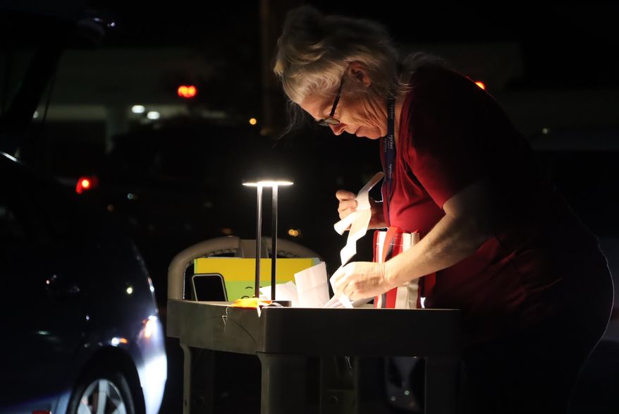 Wendi Wimmer with the Greenwood County elections office checked each poll manager's documents before handing over essential records to elections staff to store inside the office Tuesday, Nov. 8, 2022, in Greenwood, S.C. (Damian Dominguez/The Index-Journal via AP)