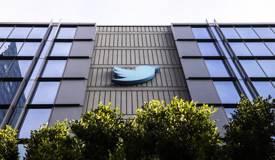 The Twitter logo is seen at the social media company&#39;s headquarters in San Francisco on Friday, Nov. 11, 2022. (Stephen Lam/San Francisco Chronicle via AP)