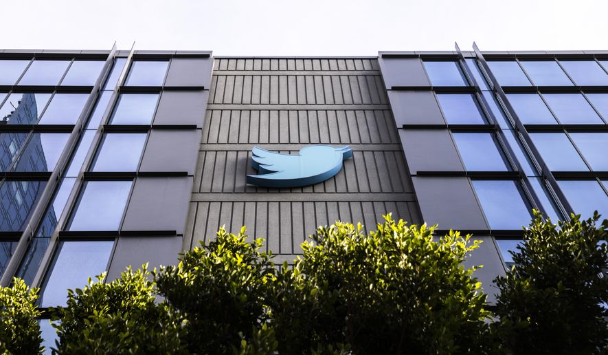 The Twitter logo is seen at the social media company&#x27;s headquarters in San Francisco on Friday, Nov. 11, 2022. (Stephen Lam/San Francisco Chronicle via AP)