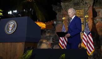 President Joe Biden walks to speak during a news conference on the sidelines of the G-20 summit meeting, Monday, Nov. 14, 2022, in Bali, Indonesia. (AP Photo/Alex Brandon)