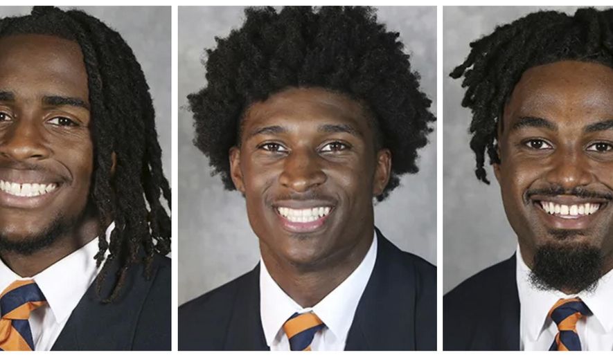This combo of undated image provided by University of Virginia Athletics shows NCAA college football players, from left, Devin Chandler, Lavel Davis Jr. and D&#39;Sean Perry. The three Virginia football players were killed in a shooting, Sunday, Nov. 13, 2022, in Charlottesville, Va., while returning from a class trip to see a play. (University of Virginia Athletics via AP)