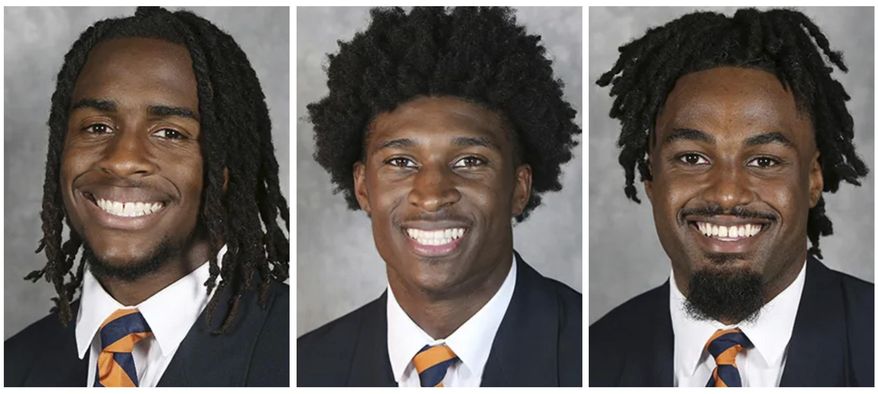 This combo of undated image provided by University of Virginia Athletics shows NCAA college football players, from left, Devin Chandler, Lavel Davis Jr. and D&#x27;Sean Perry. The three Virginia football players were killed in a shooting, Sunday, Nov. 13, 2022, in Charlottesville, Va., while returning from a class trip to see a play. (University of Virginia Athletics via AP)