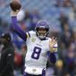 Minnesota Vikings quarterback Kirk Cousins passes the ball prior to an NFL football game against the Buffalo Bills, Sunday, Nov. 13, 2022, in Orchard Park, N.Y. (AP Photo/Joshua Bessex) **FILE**