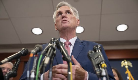 House Minority Leader Kevin McCarthy, of Calif., speaks during a news conference, Tuesday, Nov. 15, 2022, after voting on top House Republican leadership positions, on Capitol Hill in Washington. (AP Photo/Jacquelyn Martin)
