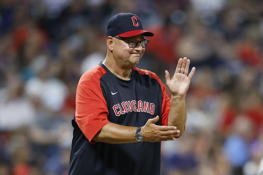 Cleveland Guardians manager Terry Francona makes a pitching change during the fifth inning of the team&#x27;s baseball game against the Houston Astros, Aug. 4, 2022, in Cleveland. Francona was voted the American League Manager of the Year on Tuesday night, Nov. 15, winning the award for the third time in 10 seasons after leading the Guardians to the AL Central title. Francona received 17 of 30 first-place votes and nine second-place votes for 112 points from a Baseball Writers’ Association of America panel. (AP Photo/Ron Schwane, File) **FILE**