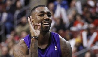 Sacramento Kings&#39; Donte Greene reacts after making a three-point basket in the second half of an NBA basketball game against the Philadelphia 76ers, Sunday, March 27, 2011, in Philadelphia. Sacramento won 114-111 in overtime. (AP Photo/Matt Slocum) **FILE**