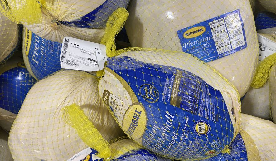 Butterball turkeys are for sale in advance of the Thanksgiving holiday, Wednesday, Nov. 16, 2022, in Miami. Americans are bracing for a costly Thanksgiving this year, with double-digit percent increases in the price of turkey, potatoes, stuffing, canned pumpkin and other staples. (AP Photo/Marta Lavandier