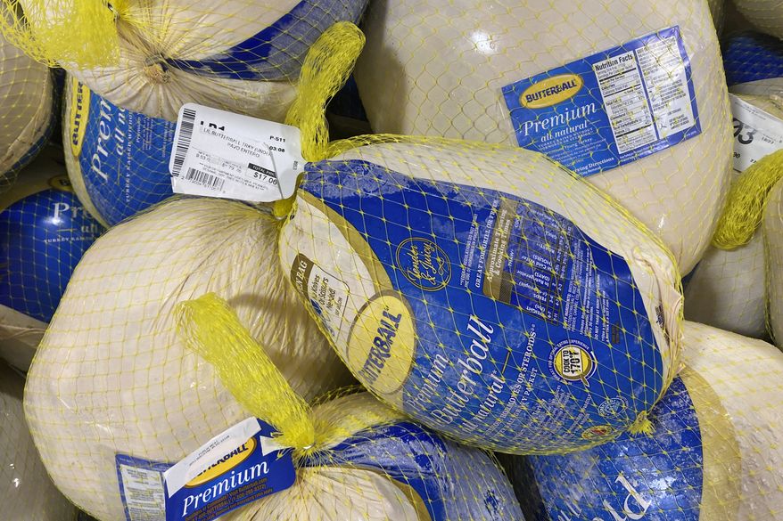 Butterball turkeys are for sale in advance of the Thanksgiving holiday, Wednesday, Nov. 16, 2022, in Miami. Americans are bracing for a costly Thanksgiving this year, with double-digit percent increases in the price of turkey, potatoes, stuffing, canned pumpkin and other staples. (AP Photo/Marta Lavandier