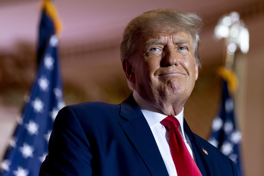Former President Donald Trump announces he is running for president for the third time as he smiles while speaking at Mar-a-Lago in Palm Beach, Fla., Nov. 15, 2022. (AP Photo/Andrew Harnik, File)