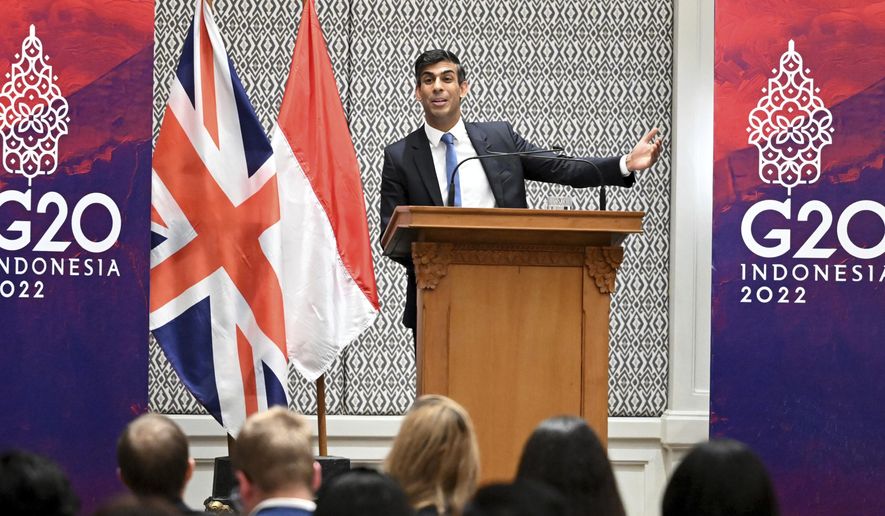 British Prime Minister Rishi Sunak holds a press conference after meeting with U.S. President Joe Biden and a phone call to Ukraine President Volodymyr Zelenskyy, Wednesday, Nov. 16, 2022, in Nusa Dua, Indonesia. (Leon Neal/Pool Photo via AP)