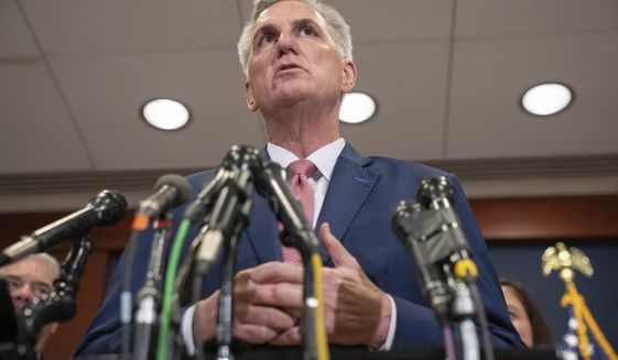 House Minority Leader Kevin McCarthy, of Calif., speaks during a news conference, Nov. 15, 2022, after voting on top House Republican leadership positions, on Capitol Hill in Washington. The Republican Party’s narrow capture of the House majority is poised to transform the agenda in Washington, empowering GOP lawmakers to pursue conservative goals and vigorously challenge the policies of President Joe Biden and his administration. (AP Photo/Jacquelyn Martin, File)