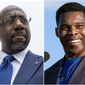 This combination of photos shows, Sen. Raphael Warnock, D-Ga., speaking to reporters on Capitol Hill in Washington, Aug. 3, 2021, left, and Republican Senate candidate Herschel Walker speaking in Perry, Ga., Sept. 25, 2021. (AP Photo) ** FILE **