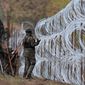 Polish soldiers begin laying a razor wire barrier along Poland&#39;s border with the Russian exclave of Kaliningrad in Wisztyniec, Poland, on Wednesday Nov. 2, 2022. At the beginning of November 2022, Polish soldiers began laying coils of razor wire on the border with Kaliningrad, a Russian region wedged between Poland and Lithuania. (AP Photo/Michal Kosc, File)