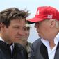 President Donald Trump talks to Florida Gov. Ron DeSantis, left, during a visit to Lake Okeechobee and Herbert Hoover Dike at Canal Point, Fla., March 29, 2019. Republican 2024 presidential prospects descend upon Las Vegas this weekend as anxious donors and activists openly consider whether to embrace former President Donald Trump for a third consecutive run for president. Trump will be among the only major Republican prospects not in attendance for the Republican Jewish Coalition’s annual leadership meeting. (AP Photo/Manuel Balce Ceneta, File)