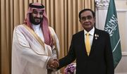 Saudi Crown Prince Mohammed bin Salman shakes hands with Thailand&#39;s Prime Minister Prayut Chan-o-cha at Goverment House in Bangkok, Friday, Nov. 18, 2022, during the Asia-Pacific Economic Cooperation (APEC) summit. (Lillian Suwanrumpha/Pool Photo via AP)