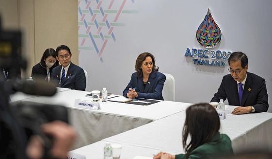 U.S. Vice President Kamala Harris, middle, holds an emergency meeting with Japanese Prime Minister Fumio Kishida, left, South Korean Prime Minister Han Duck-soo, right, Australian Prime Minister Anthony Albanese, New Zealand&#39;s Prime Minister Jacinda Ardern, and Canadian Prime Minister Justin Trudeau to discuss North Korea&#39;s recent ballistic missile launch during the Asia-Pacific Economic Cooperation (APEC) summit, Friday, Nov. 18, 2022, in Bangkok, Thailand. (Haiyun Jiang/Pool Photo via AP)