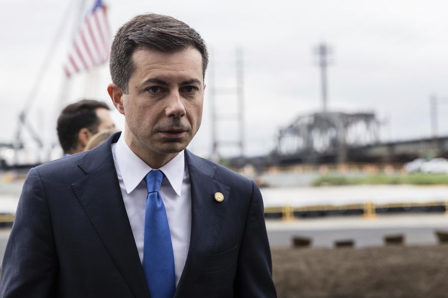 U.S. Department of Transportation Secretary Pete Buttigieg attends a groundbreaking ceremony for the New Portal North Bridge project held in Kearny, N.J., Monday, Aug 1, 2022. A group of environmental and racial justice organizations filed a lawsuit in federal court Thursday, Nov. 17, against the U.S. Department of Transportation and  Buttigieg. The lawsuit aims to halt a Gulf Coast road project that the group says will harm the environment near historic Black neighborhoods. (AP Photo/Stefan Jeremiah, File)