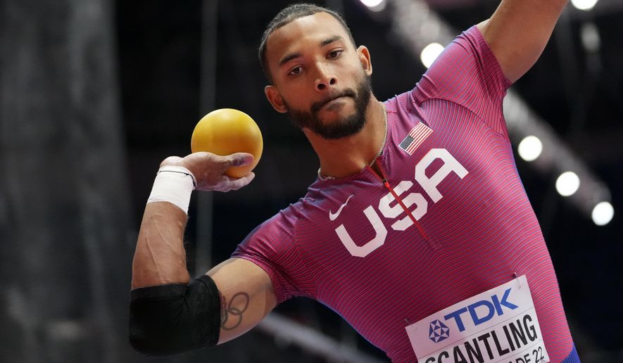 Garrett Scantling, of the United States, makes an attempt in the shot put competition in the men&#39;s heptathlon at the World Athletics Indoor Championships in Belgrade, Serbia, on March 18, 2022. Scantling, the U.S. decathlon champion, will miss the Paris Olympics due to a ban imposed after he falsified an email in trying to cover up a missed doping test. The U.S. Anti-Doping Agency said Friday, Nov. 18, 2022, that the 29-year-old, who won national championships earlier this year, had accepted a three-year ban retroactive to June 27, 2022.  (AP Photo/Darko Vojinovic, File)