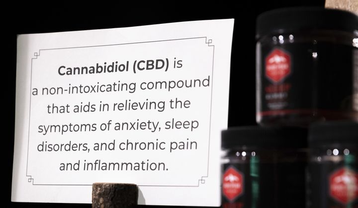 A sign explaining CBD welcomes customers to the Empire Cannabis Club, Wednesday, Nov. 16, 2022, in New York. (AP Photo/Julia Nikhinson) **FILE**