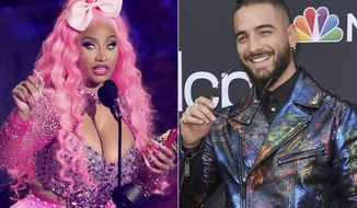 Nicki Minaj accepts the video vanguard award at the MTV Video Music Awards on Aug. 28, 2022, in Newark, N.J., left, and Maluma appears at the Billboard Music Awards in Las Vegas on May 1, 2019. Minaj has teamed up with Colombian singer-songwriter Maluma and Lebanese singer Myriam Fares for the latest addition to the official soundtrack of the World Cup in Qatar. The single “Tukoh Taka” has lyrics in English, Spanish and Arabic. (AP Photo)