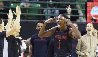 Maryland guard Diamond Miller reacts after her 3-point play against Baylor in the second half of an NCAA college basketball game, Sunday, Nov. 20, 2022, in Waco, Texas. (Rod Aydelotte/Waco Tribune Herald, via AP)