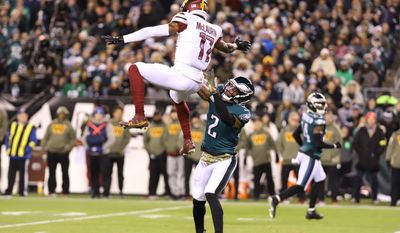 Washington Commanders  WR Terry McLaurin (17) jumps to make an attempt to catch at an over thrown ball at the Washington Commanders vs the Philadelphia Eagles at Lincoln Financial Field in Philadelphia PA on November 14th 2022 (Photo: Alyssa Howell)