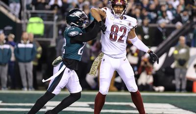 Washington Commanders TE Logan Thomas (82) holding off Eagles&#39; S Marcus Epps (22) in the endzone at the Washington Commanders vs the Philadelphia Eagles at Lincoln Financial Field in Philadelphia PA on November 14th 2022 (Photo: Alyssa Howell)