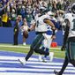 Philadelphia Eagles quarterback Jalen Hurts (1) runs in for a touchdown in the fourth quarter of an NFL football game against the Indianapolis Colts in Indianapolis, Sunday, Nov. 20, 2022. The Eagles defeated the Colts 17-16. (AP Photo/Darron Cummings)