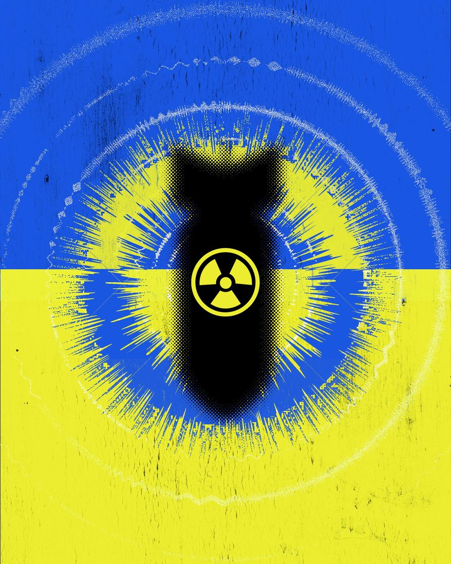 Illustration on the Ukraine war and deployment of nuclear weapons by Linas Garsys/The Washington Times