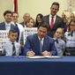 Florida Gov. Ron DeSantis signs the Parental Rights in Education bill at Classical Preparatory school, on March 28, 2022, in Shady Hills, Fla. The Walt Disney Company announced late Sunday, Nov. 20, 2022, that former CEO Bob Iger will return to head the company for two years in a move that stunned the entertainment industry. Disney said in a statement that Bob Chapek, who succeeded Iger in 2020, had stepped down from the position. Chapek faced blowback early this year for not using Disney&#39;s vast influence in Florida to quash the Republican bill that would prevent teachers from instructing early grades on LGBTQ issues.  (Douglas R. Clifford/Tampa Bay Times via AP, File)