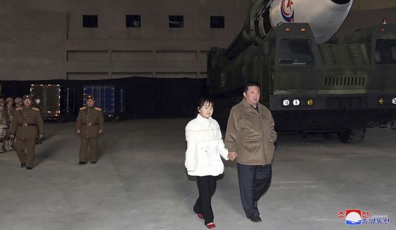 This photo provided on Nov. 19, 2022, by the North Korean government shows North Korean leader Kim Jong-un, right, and his daughter inspecting a missile at Pyongyang International Airport in Pyongyang, North Korea, Friday, Nov. 18, 2022. Independent journalists were not given access to cover the event depicted in this image distributed by the North Korean government. The content of this image is as provided and cannot be independently verified. Korean language watermark on image as provided by source reads: &amp;quot;KCNA&amp;quot; which is the abbreviation for Korean Central News Agency. (Korean Central News Agency/Korea News Service via AP, File)