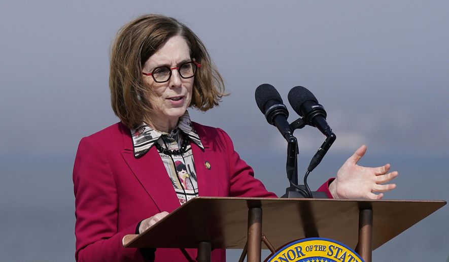 Oregon Gov. Kate Brown speaks in San Francisco, on Oct. 6, 2022. Gov. Brown is pardoning an estimated 45,000 people convicted of simple possession of marijuana, a month after President Joe Biden did the same under federal law. (AP Photo/Jeff Chiu, File)