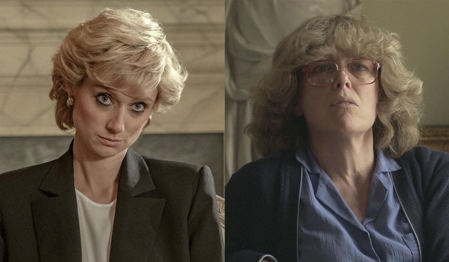This combination of photos released by Netflix shows Elizabeth Debicki as Princess Diana, left, and Olivia Williams as Camilla Parker Bowles in separate scenes from "The Crown." (Netflix via AP)